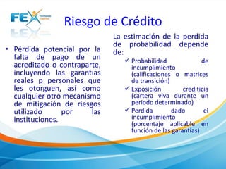 Riesgo de Crédito 
• Pérdida potencial por la 
falta de pago de un 
acreditado o contraparte, 
incluyendo las garantías 
reales p personales que 
les otorguen, así como 
cualquier otro mecanismo 
de mitigación de riesgos 
utilizado por las 
instituciones. 
La estimación de la perdida 
de probabilidad depende 
de: 
 Probabilidad de 
incumplimiento 
(calificaciones o matrices 
de transición) 
 Exposición crediticia 
(cartera viva durante un 
periodo determinado) 
 Perdida dado el 
incumplimiento 
(porcentaje aplicable en 
función de las garantías) 
 
