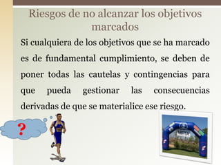Riesgos de no alcanzar los objetivos
                marcados
Si cualquiera de los objetivos que se ha marcado
es de fundamental cumplimiento, se deben de
poner todas las cautelas y contingencias para
que    pueda    gestionar   las   consecuencias
derivadas de que se materialice ese riesgo.

?
 