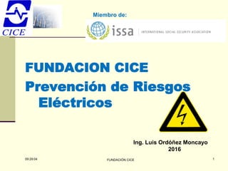 FUNDACION CICE
Prevención de Riesgos
Eléctricos
Ing. Luis Ordóñez Moncayo
2016
FUNDACIÓN CICE 1
09:29:04
Miembro de:
 