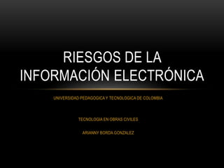 UNIVERSIDAD PEDAGOGICA Y TECNOLOGICA DE COLOMBIA
TECNOLOGIA EN OBRAS CIVILES
ARIANNY BORDA GONZALEZ
RIESGOS DE LA
INFORMACIÓN ELECTRÓNICA
 