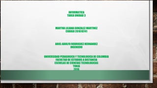 INFORMATICA
TAREA UNIDAD 3
 
   
 
MARTHA LILIANA GONZALEZ MARTINEZ
CODIGO 201610741
 
 
ARIEL ADOLFO RODRIGUEZ HERNANDEZ
INGENIERO
 
  
UNIVERSIDAD PEDAGOGICA Y TECNOLOGICA DE COLOMBIA
FACULTAD DE ESTUDIOS A DISTANCIA
ESCUELAS DE CIENCIAS TECNOLOGICAS
TUNJA
2016
 