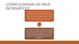 ¿CÓMO ELIMINAR UN VIRUS
INFORMÁTICO?
Si sospecha haber sido víctima de un virus o
malwares en su equipo, puede informar al...