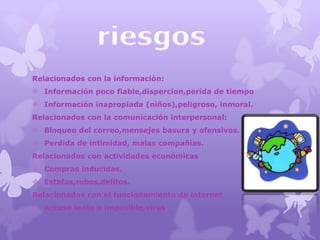 Relacionados con la información:
 Información poco fiable,dispercion,perida de tiempo
 Información inapropiada (niños),peligroso, inmoral.
Relacionados con la comunicación interpersonal:
 Bloqueo del correo,mensejes basura y ofensivos.
 Perdida de intimidad, malas compañías.
Relacionados con actividades económicas
 Compras inducidas.
 Estafas,robos,delitos.
Relacionados con el funcionamiento de internet
 Acceso lento o imposible,virus.
 
