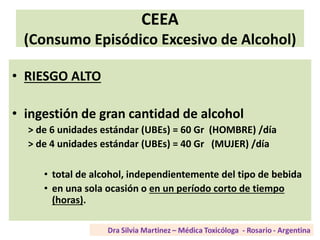 CEEA
(Consumo Episódico Excesivo de Alcohol)
• RIESGO ALTO
• ingestión de gran cantidad de alcohol
> de 6 unidades estándar (UBEs) = 60 Gr (HOMBRE) /día
> de 4 unidades estándar (UBEs) = 40 Gr (MUJER) /día
• total de alcohol, independientemente del tipo de bebida
• en una sola ocasión o en un período corto de tiempo
(horas).
 