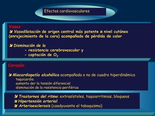 Efectos cardiovasculares
Vasos
 Vasodilatación de origen central más patente a nivel cutáneo
(enrojecimiento de la cara) acompañada de pérdida de calor
 Disminución de la
- resistencia cerebrovascular y
- captación de O2
Corazón
 Miocardiopatía alcohólica acompañada o no de cuadro hiperdinámico
taquicardia
aumento der la tensión diferencial
disminución de la resistencia periférica
 Trastornos del ritmo: extrasístoles, taquiarritmias, bloqueos
 Hipertensión arterial
 Arterioesclerosis (coadyuvante el tabaquismo)
 
