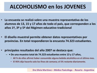 ALCOHOLISMO en los JOVENES
• La encuesta se realizó sobre una muestra representativa de los
alumnos de 13, 15 y 17 años de todo el país, que corresponden a los
años 1º, 3º y 5º del Régimen educativo tradicional
• El diseño muestral permite obtener datos representativos por
provincias. En total respondieron la encuesta 74.323 estudiantes.
• principales resultados del año 2007 se destaca que:
– • De una muestra total de 74.323 estudiantes entre 13 y 17 años,
• 60 % de ellos afirmó haber consumido alguna bebida alcohólica en el último mes.
• El 95% dijo hacerlo solo los fines de semana; el 5% restante diariamente.
 