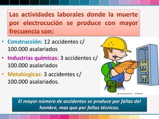 • Construcción: 12 accidentes c/
100.000 asalariados
• Industrias químicas: 3 accidentes c/
100.000 asalariados
• Metalúrgicas: 3 accidentes c/
100.000 asalariados.
El mayor número de accidentes se produce por fallas del
hombre, mas que por fallas técnicas.
 