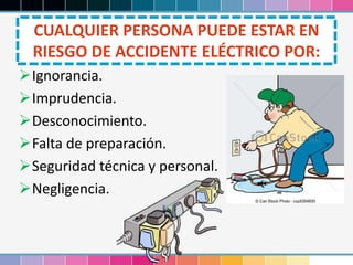 CUALQUIER PERSONA PUEDE ESTAR EN
RIESGO DE ACCIDENTE ELÉCTRICO POR:
Ignorancia.
Imprudencia.
Desconocimiento.
Falta de preparación.
Seguridad técnica y personal.
Negligencia.
 