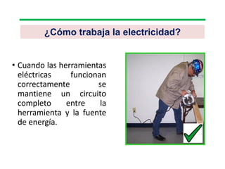 ¿Cómo trabaja la electricidad?
• Cuando las herramientas
eléctricas funcionan
correctamente se
mantiene un circuito
completo entre la
herramienta y la fuente
de energía.
 