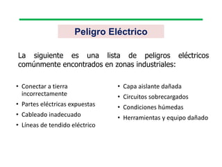 Peligro Eléctrico
• Conectar a tierra
incorrectamente
• Partes eléctricas expuestas
• Cableado inadecuado
• Líneas de tendido eléctrico
• Capa aislante dañada
• Circuitos sobrecargados
• Condiciones húmedas
• Herramientas y equipo dañado
La siguiente es una lista de peligros eléctricos
comúnmente encontrados en zonas industriales:
 
