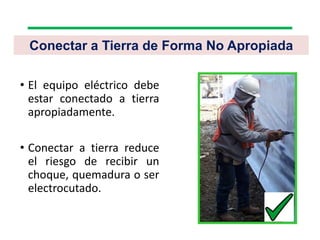 Conectar a Tierra de Forma No Apropiada
• El equipo eléctrico debe
estar conectado a tierra
apropiadamente.
• Conectar a tierra reduce
el riesgo de recibir un
choque, quemadura o ser
electrocutado.
 