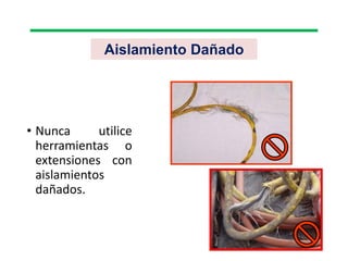 Aislamiento Dañado
• Nunca utilice
herramientas o
extensiones con
aislamientos
dañados.
 