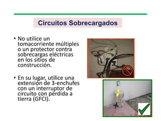 Circuitos Sobrecargados
• No utilice un
tomacorriente múltiples
o un protector contra
sobrecargas eléctricas
en los sitios de
construcción.
• En su lugar, utilice una
extensión de 3-enchufes
con un interruptor de
circuito con pérdida a
tierra (GFCI).
 