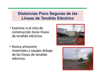 Distancias Poco Seguras de las
Líneas de Tendido Eléctrico
• Examine si el sitio de
construcción tiene líneas
de tendido eléctrico.
• Nunca almacene
materiales y equipo debajo
de las líneas de tendido
eléctrico.
 