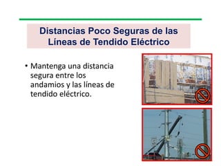 Distancias Poco Seguras de las
Líneas de Tendido Eléctrico
• Mantenga una distancia
segura entre los
andamios y las líneas de
tendido eléctrico.
 