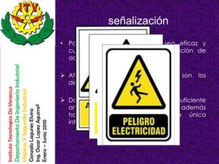 señalización
                                                                                                        • Para que toda señalización sea eficaz y
                                                                                                          cumpla su finalidad en la prevención de
                                                                                                          accidentes, debe:
                                    Departamento De Ingenieria Industrial




                                                                                                         Atraer la atención de quienes      son   los
                                                                                                          destinatarios de la información.
Instituto Tecnologico De Veracruz

                                    Higiene Y Segurida Industrial




                                                                                                         Dar a conocer la información con suficiente
                                                                                                          antelación para poder ser cumplida, además
                                                                            Ing. Oscar Lopez Aguirreº
                                                                            Gonzalo Lagunes Elvira




                                                                                                          ha de ser clara y con una única
                                                                                                          interpretación.
                                                                            Enero – Junio 2010
 