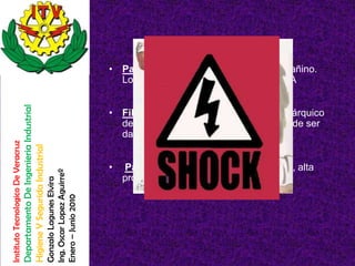 • Paro respiratorio. Extremadamente dañino.
                                                                                                          Los extensores pueden lanzarte. 50 mA
                                    Departamento De Ingenieria Industrial




                                                                                                        • Fibrilación ventricular movimiento anárquico
                                                                                                          del corazón, y el sistema nervioso puede ser
                                                                                                          dañado 1 A.
Instituto Tecnologico De Veracruz

                                    Higiene Y Segurida Industrial




                                                                                                        •   Paro cardiaco y quemaduras severas, alta
                                                                            Ing. Oscar Lopez Aguirreº




                                                                                                            probabilidad de muerte 10 A
                                                                            Gonzalo Lagunes Elvira

                                                                            Enero – Junio 2010
 