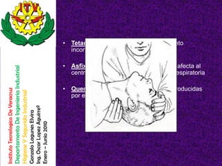• Tetanización entendemos el movimiento
                                                                                                          incontrolado de los músculos

                                                                                                        • Asfixia cuando el paso de la corriente afecta al
                                    Departamento De Ingenieria Industrial




                                                                                                          centro nervioso que regula la función respiratoria

                                                                                                        • Quemaduras alteraciones de la piel producidas
Instituto Tecnologico De Veracruz

                                    Higiene Y Segurida Industrial




                                                                                                          por el paso de la corriente
                                                                            Ing. Oscar Lopez Aguirreº
                                                                            Gonzalo Lagunes Elvira

                                                                            Enero – Junio 2010
 
