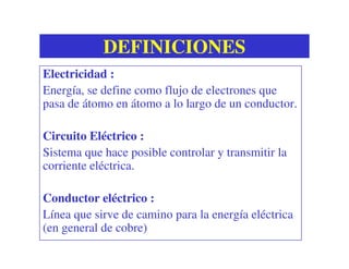 DEFINICIONESDEFINICIONES
Electricidad :Electricidad :
Energía, se define como flujo de electrones que
pasa de átomo en átomo a lo largo de un conductor.
Circuito Eléctrico :Circuito Eléctrico :Circuito Eléctrico :Circuito Eléctrico :
Sistema que hace posible controlar y transmitir la
corriente eléctrica.
Conductor eléctrico :Conductor eléctrico :
Línea que sirve de camino para la energía eléctrica
(en general de cobre)
 