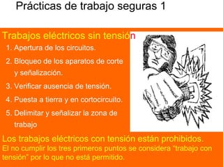Prácticas de trabajo seguras 1
1. Apertura de los circuitos.
2. Bloqueo de los aparatos de corte
y señalización.
3. Verificar ausencia de tensión.
4. Puesta a tierra y en cortocircuito.
5. Delimitar y señalizar la zona de
trabajo
Trabajos eléctricos sin tensión
Los trabajos eléctricos con tensión están prohibidos.
El no cumplir los tres primeros puntos se considera “trabajo con
tensión” por lo que no está permitido.
 