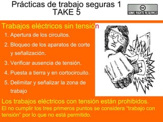 Prácticas de trabajo seguras 1
TAKE 5
1. Apertura de los circuitos.
2. Bloqueo de los aparatos de corte
y señalización.
3. Verificar ausencia de tensión.
4. Puesta a tierra y en cortocircuito.
5. Delimitar y señalizar la zona de
trabajo
Trabajos eléctricos sin tensión
Los trabajos eléctricos con tensión están prohibidos.
El no cumplir los tres primeros puntos se considera “trabajo con
tensión” por lo que no está permitido.
 