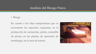 Análisis del Riesgo Físico.
• Riesgo
En cuanto a las altas temperaturas que se
encuentran los operarios expuestos, en la
producción de carrocerías, partes, ensamble
de piezas, en las plantas de operación de
metalurgia, en la área de hornos.
 