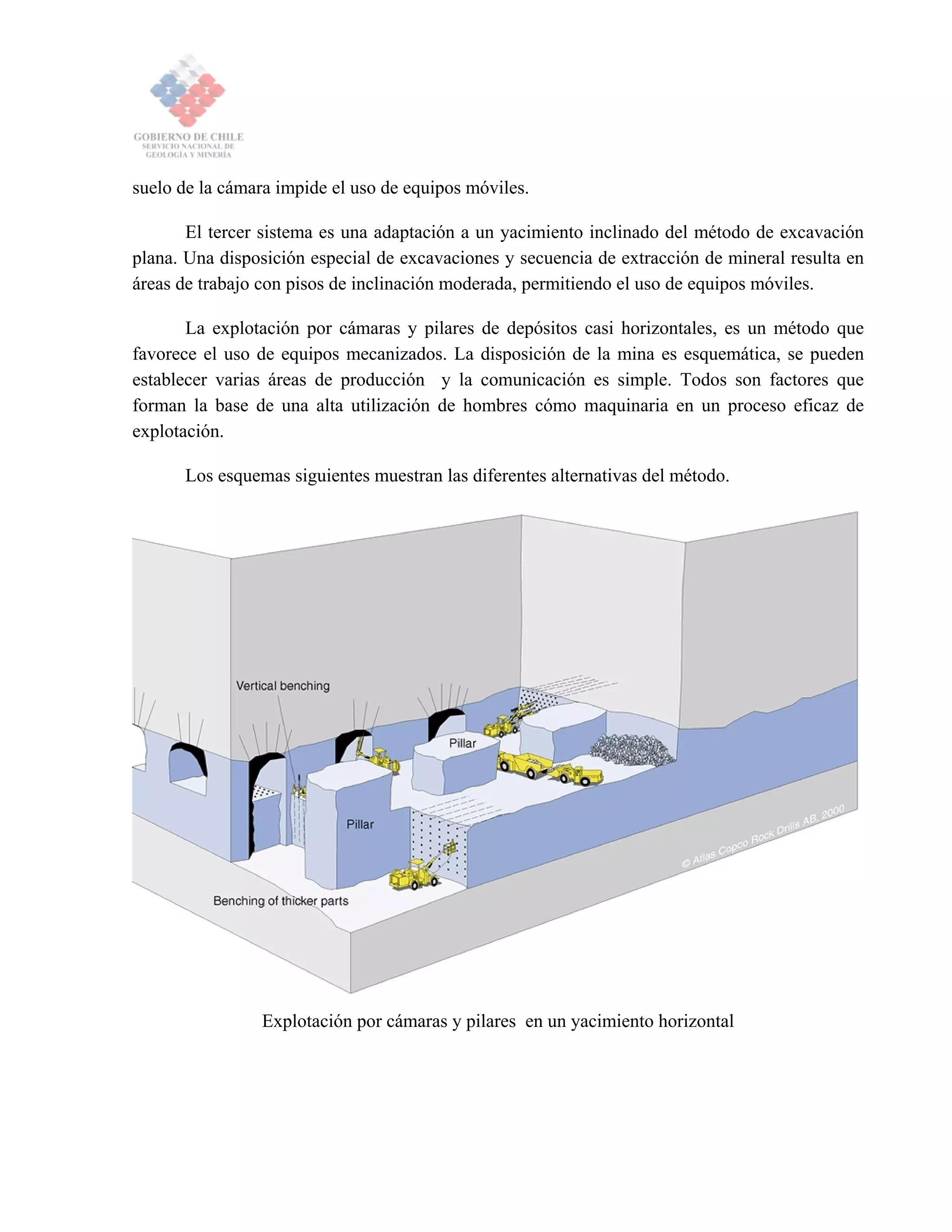 suelo de la cámara impide el uso de equipos móviles.
El tercer sistema es una adaptación a un yacimiento inclinado del método de excavación
plana. Una disposición especial de excavaciones y secuencia de extracción de mineral resulta en
áreas de trabajo con pisos de inclinación moderada, permitiendo el uso de equipos móviles.
La explotación por cámaras y pilares de depósitos casi horizontales, es un método que
favorece el uso de equipos mecanizados. La disposición de la mina es esquemática, se pueden
establecer varias áreas de producción y la comunicación es simple. Todos son factores que
forman la base de una alta utilización de hombres cómo maquinaria en un proceso eficaz de
explotación.
Los esquemas siguientes muestran las diferentes alternativas del método.
Explotación por cámaras y pilares en un yacimiento horizontal
 