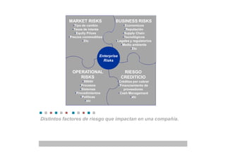 MARKET RISKS             BUSINESS RISKS
              •Tipo de cambio              •Economicos
             •Tasas de interés              •Reputación
               •Equity Prices             •Supply Chain
           •Precios commodities           •Tecnológicos
                    •Etc              •Legales y regulatorios
                                         •Medio ambiente
                                               •Etc

                             Enterprise
                               Risks


             OPERATIONAL                     RIESGO
                RISKS                       CREDITICIO
                   •RRHH                  •Créditos por cobrar
                 •Procesos                 •Financiamiento de
                 •Sistemas                    proveedores
              •Procedimientos              •Cash Management
                  •Políticas                      •etc
                     •etc




Distintos factores de riesgo que impactan en una compañía.
 