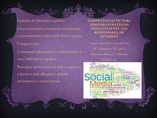 Estándar de Dominio cognitivo                COMPETENCIAS TIC PARA
                                              DISEÑAR ESTRATEGIAS
4.Los estudiantes comunican información       EDUCATIVAS DEL USO
                                                RESPONSABLE DE
y conocimiento a otros individuos o grupo          INTERNET

Competencias:                                Fuente: Aprender a aprender con
                                               TIC. Estándares TIC para la
Comunican información y conocimiento a
                                              Educación Básica en el Distrito
otros individuos o grupos                              Federal.p.29

Participan activamente en redes y espacios
colectivos para allegarse y generar
información y conocimiento
 