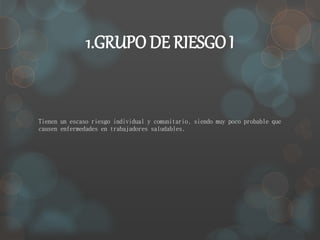1.GRUPO DE RIESGO I 
Tienen un escaso riesgo individual y comunitario, siendo muy poco probable que 
causen enfermedades en trabajadores saludables. 
 