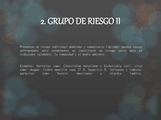 2. GRUPO DE RIESGO II 
Presentan un riesgo individual moderado y comunitario limitado; pueden causar 
enfermedades pero normalmente no constituyen un riesgo serio para el 
trabajador saludable, la comunidad y el medio ambiente 
Ejemplos: bacterias como: Clostridium botulinum y Escherichia coli; virus 
como: dengue, fiebre amarilla cepa 17 D, hepatitis B, influenza y rubéola; 
parásitos como Necator americanus y Giardia lamblia. 
 