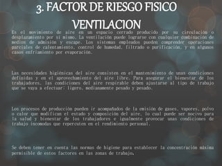 3. FACTOR DE RIESGO FISICO 
VENTILACION Es el movimiento de aire en un espacio cerrado producido por su circulación o 
desplazamiento por sí mismo. La ventilación puede lograrse con cualquier combinación de 
medios de admisión y escape. Los sistemas empleados pueden comprender operaciones 
parciales de calentamiento, control de humedad, filtrado o purificación, y en algunos 
casos enfriamiento por evaporación. 
Las necesidades higiénicas del aire consisten en el mantenimiento de unas condiciones 
definidas y en el aprovechamiento del aire libre. Para asegurar el bienestar de los 
trabajadores, las condiciones del aire respirable deben ajustarse al tipo de trabajo 
que se vaya a efectuar: ligero, medianamente pesado y pesado. 
Los procesos de producción pueden ir acompañados de la emisión de gases, vapores, polvo 
o calor que modifican el estado y composición del aire, lo cual puede ser nocivo para 
la salud y bienestar de los trabajadores e igualmente provocar unas condiciones de 
trabajo incomodas que repercuten en el rendimiento personal. 
Se deben tener en cuenta las normas de higiene para establecer la concentración máxima 
permisible de estos factores en las zonas de trabajo. 
 