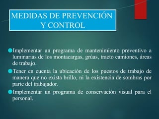 ●Implementar un programa de mantenimiento preventivo a
luminarias de los montacargas, grúas, tracto camiones, áreas
de trabajo.
●Tener en cuenta la ubicación de los puestos de trabajo de
manera que no exista brillo, ni la existencia de sombras por
parte del trabajador.
●Implementar un programa de conservación visual para el
personal.
 