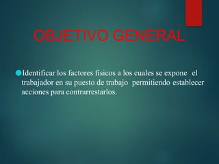 OBJETIVO GENERAL
●Identificar los factores físicos a los cuales se expone el
trabajador en su puesto de trabajo permitiendo establecer
acciones para contrarrestarlos.
 
