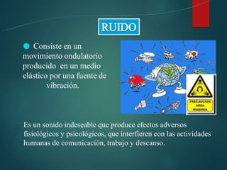 ● Consiste en un
movimiento ondulatorio
producido en un medio
elástico por una fuente de
vibración.
Es un sonido indeseable que produce efectos adversos
fisiológicos y psicológicos, que interfieren con las actividades
humanas de comunicación, trabajo y descanso.
 