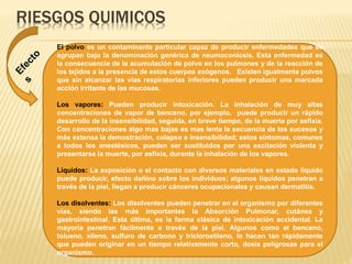 RIESGOS QUIMICOS
El polvo es un contaminante particular capaz de producir enfermedades que se
agrupan bajo la denominación genérica de neumoconiosis. Esta enfermedad es
la consecuencia de la acumulación de polvo en los pulmones y de la reacción de
los tejidos a la presencia de estos cuerpos exógenos. Existen igualmente polvos
que sin alcanzar las vías respiratorias inferiores pueden producir una marcada
acción irritante de las mucosas.
Los vapores: Pueden producir intoxicación. La inhalación de muy altas
concentraciones de vapor de benceno, por ejemplo, puede producir un rápido
desarrollo de la insensibilidad, seguida, en breve tiempo, de la muerte por asfixia.
Con concentraciones algo mas bajas es mas lenta la secuencia de los sucesos y
más extensa la demostración, colapso e insensibilidad; estos síntomas, comunes
a todos los anestésicos, pueden ser sustituidos por una excitación violenta y
presentarse la muerte, por asfixia, durante la inhalación de los vapores.
Líquidos: La exposición o el contacto con diversos materiales en estado líquido
puede producir, efecto dañino sobre los individuos; algunos líquidos penetran a
través de la piel, llegan a producir cánceres ocupacionales y causan dermatitis.
Los disolventes: Los disolventes pueden penetrar en el organismo por diferentes
vías, siendo las más importantes la Absorción Pulmonar, cutánea y
gastrointestinal. Esta última, es la forma clásica de intoxicación accidental. La
mayoría penetran fácilmente a través de la piel. Algunos como el benceno,
tolueno, xileno, sulfuro de carbono y tricloroetileno, lo hacen tan rápidamente
que pueden originar en un tiempo relativamente corto, dosis peligrosas para el
organismo.
 