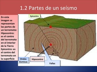 1.2 Partes de un seísmo
FallasFallas
Hipocentro
EpicentroEpicentro
Ondas
Sísmicas
Ondas
Sísmicas
En esta
imagen se
representan
las partes de
un terremoto:
Hipocentro:
es el centro
del terremoto
en el interior
de la Tierra
Epicentro: es
el centro del
terremoto en
la superficie
En esta
imagen se
representan
las partes de
un terremoto:
Hipocentro:
es el centro
del terremoto
en el interior
de la Tierra
Epicentro: es
el centro del
terremoto en
la superficie
 