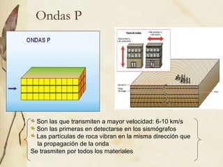 Ondas P Son las que transmiten a mayor velocidad: 6-10 km/s Son las primeras en detectarse en los sismógrafos Las partículas de roca vibran en la misma dirección que  la propagación de la onda Se trasmiten por todos los materiales 