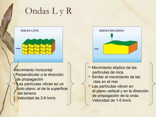 Ondas L y R Movimiento horizontal Perpendicular a la dirección  de propagación Las partículas vibran en un  solo plano: el de la superficie del terreno Velocidad de 2-6 km/s Movimiento elíptico de las partículas de roca Similar al movimiento de las olas en el mar Las partículas vibran en  el plano vertical y en la dirección  de propagación de la onda Velocidad de 1-5 km/s 