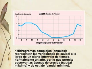 -Hidrogramas complejos (anuales):  representan las variaciones de caudal a lo largo de un cierto intervalo de tiempo, normalmente un año, por lo que permite observar las épocas de crecida (caudal máximo) y de estiaje (caudal mínimo). 