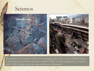 Seismos TURQUÍA 1999 KOBE 1995 El  terremoto de Turquía de 1999, con una magnitud de 5, que se cobró 18.000 víctimas, la de la izda la del terremoto de Kobe en Japón (1995) con una magnitud de 7,1, que se cobró 5.000. Explica a qué crees que se deben las  diferencias 