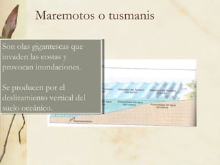 Maremotos o tusmanis Son olas gigantescas que invaden las costas y provocan inundaciones. Se producen por el deslizamiento vertical del suelo oceánico. 
