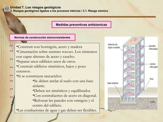 Unidad 7. Los riesgos geológicos 3. Riesgos geológicos ligados a los procesos internos / 3.1. Riesgo sísmico Normas de construcción sismorresistentes Medidas preventivas antisísmicas Construcción sismorresistente. Construir con hormigón, acero y madera Cimentación sobre sustrato rocoso. Los cimientos con capas alternas de acero y caucho. Separar unos edificios unos de otros. Construir edificios simétricos, bajos y poco extensos. Si se construyen rascacielos:  Se deben anclar al suelo con una base aislante.  Deben ser simétricos y equilibrados Con contrafuertes de acero en diagonal. Reforzar las paredes con ormigón y el centro del edificio. Las conduciones de agua y gas deben ser flexibles. 