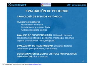 EVALUACIÓN DE PELIGROS
                        CRONOLOGÍA DE EVENTOS HISTÓRICOS

                        Inventario de peligros
                            Movimientos en masa
                            Inundaciones y erosión fluvial
                            Análisis de peligro sismico

                        ANÁLISIS DE SUSCEPTIBILIDAD: Utilizando factores
                        condicionantes (litología, pendiente, morfología, cobertura
                        vegetal y condiciones hidrogeológicas)

                        EVALUACIÓN DE PELIGROSIDAD: utilizando factores
                        detonantes (precipitaciones, sismicidad)

                        DETERMINACIÓN DE ZONAS CRÍTICAS POR PELIGROS
                        GEOLÓGICOS: Por provincias.

                                                                                      15
PDF created with pdfFactory Pro trial version www.pdffactory.com
 