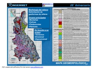 Morfología del relieve:
                                         Delimitación de
                                         geoformas de relieve
                                         Grupos principales
                                         •Montañas
                                         •Colinas
                                         •Piedemontes
                                         •Planicies
                                                  En función a su
                                                  origen:
                                                  •Tectonico
                                                  •Erosional
                                                  •Deposicional




                                                                    MAPA GEOMORFOLÓGICO27
PDF created with pdfFactory Pro trial version www.pdffactory.com
 