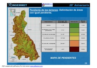 Pendiente de los terrenos: Delimitación de áreas
                                           con igual pendiente.




                                                                   MAPA DE PENDIENTES

                                                                                              28
PDF created with pdfFactory Pro trial version www.pdffactory.com
 