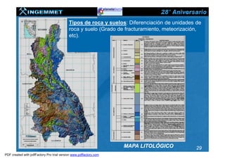 Tipos de roca y suelos: Diferenciación de unidades de
                                           roca y suelo (Grado de fracturamiento, meteorización,
                                           etc).




                                                                   MAPA LITOLÓGICO            29
PDF created with pdfFactory Pro trial version www.pdffactory.com
 