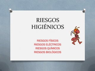 RIESGOS
HIGIÉNICOS

  RIESGOS FÍSICOS
RIESGOS ELÉCTRICOS
 RIESGOS QUÍMICOS
RIESGOS BIOLÓGICOS
 