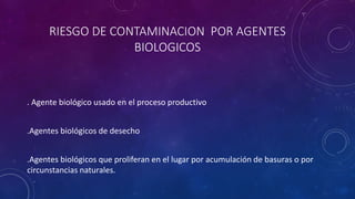 RIESGO DE CONTAMINACION POR AGENTES 
BIOLOGICOS 
. Agente biológico usado en el proceso productivo 
.Agentes biológicos de desecho 
.Agentes biológicos que proliferan en el lugar por acumulación de basuras o por 
circunstancias naturales. 
 
