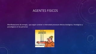 AGENTES FISICOS 
Manifestaciones de energía, que según carácter e intensidad provocan efectos biológicos, fisiológicos y 
psicológicos en las personas 
 